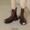 Square Toe Chunky Heels Metal Decorated Zipper Lace Up Ankle High Boots - Brown