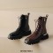 Square Toe Chunky Heels Metal Decorated Zipper Lace Up Ankle High Boots - Brown