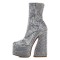 Round Toe Chunky Heels Ankle Highs Platforms Boots - Silver Faux Leather