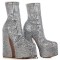 Round Toe Chunky Heels Ankle Highs Platforms Boots - Silver Faux Leather