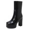 Square Toe Chunky Low Heels Ankle Highs Side Zipper Platforms Patent Boots - Black