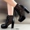 Round Toe Lace Up Chunky Cuban Heels Low Platforms Glitters Ankle Highs Boots - Black Faux Leather