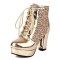 Round Toe Lace Up Chunky Cuban Heels Low Platforms Glitters Ankle Highs Boots - Gold Faux Leather