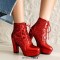 Round Toe Lace Up Chunky Cuban Heels Low Platforms Glitters Ankle Highs Boots - Black Faux Leather