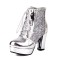 Round Toe Lace Up Chunky Cuban Heels Low Platforms Glitters Ankle Highs Boots - Silver Faux Leather
