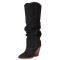 Pointed Toe Turned-Over Edge Half Wedges Chunky Heels Knee Highs Boots - Black Denim