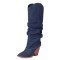 Pointed Toe Turned-Over Edge Half Wedges Chunky Heels Knee Highs Boots - Dark Blue Denim