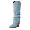 Pointed Toe Turned-Over Edge Half Wedges Chunky Heels Knee Highs Boots - Light Blue Denim