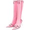 Pointed Toe Stiletto Heels Vintage Gothic Metal Buckle Zipper Knee High Boots - Pink Faux Leather