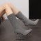 Pointed Toe Stiletto Heels Knee Highs Back Zipper Cotton Fabric Shiny Boots - Silver Gray