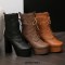 Round Toe Chunky Heels Platforms Ankle Highs Side Zipper Vintage Boots - Black