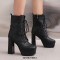 Round Toe Chunky Heels Platforms Ankle Highs Side Zipper Vintage Boots - Black