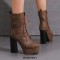 Round Toe Chunky Heels Platforms Ankle Highs Side Zipper Vintage Boots - Brown