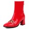 Square Toe Chunky Heels Side Zipper Ankle Highs Patent Boots - Red