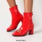 Square Toe Chunky Heels Side Zipper Ankle Highs Patent Boots - Red