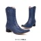 Pointed Toe Chunky Heels Side Zipper Mid Calf Western Cowboy Booties - Blue Faux Leather