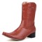 Pointed Toe Chunky Heels Side Zipper Mid Calf Western Cowboy Booties - Brown Faux Leather