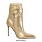 Pointed Toe Stiletto Heels Ankle Highs Side Zipper Buckle Straps Boots - Gold