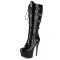 Round Toe Stiletto Heels Knee Highs Lace Up Belt Buckle Straps Platforms Boots - Black