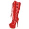 Round Toe Stiletto Heels Knee Highs Lace Up Belt Buckle Straps Platforms Boots - Red