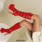 Round Toe Stiletto Heels Knee Highs Lace Up Belt Buckle Straps Platforms Boots - Red