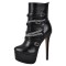 Round Toe Stiletto Heels Chain with Buckle Straps Punk Side Zipper Ankle Highs Platforms Booties - Black