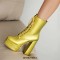 Round Toe Lace Up Side Zipper Ankle Highs Chunky Heels Metallic Platforms Boots - Yellow