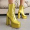 Round Toe Lace Up Side Zipper Ankle Highs Chunky Heels Metallic Platforms Boots - Yellow