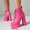 Round Toe Lace Up Side Zipper Ankle Highs Chunky Heels Punk Gothic Platforms Boots - Pink