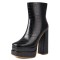 Round Toe Lace Up Side Zipper Ankle Highs Chunky Heels Crocodile Pattern Platforms Boots - Black