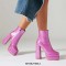 Round Toe Lace Up Side Zipper Ankle Highs Chunky Heels Crocodile Pattern Platforms Boots - Pink