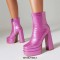 Round Toe Lace Up Side Zipper Ankle Highs Chunky Heels Crocodile Pattern Platforms Boots - Pink