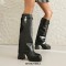 Square Toe Chunky Heels Turned over Edge Lock Decorated Straps Low Platforms Boots - Black