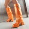 Square Toe Chunky Heels Turned over Edge Lock Decorated Straps Low Platforms Boots - Orange