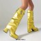 Square Toe Chunky Heels Turned over Edge Lock Decorated Straps Low Platforms Boots - Yellow
