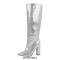 Pointed Toe Chunky Heels Knee Highs Snake Print Boots - Silver
