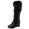 Round Toe Side Zipper Knee Highs Winter Snow Wedges Boots - Black