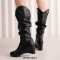 Round Toe Side Zipper Knee Highs Winter Snow Wedges Boots - Black