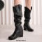 Round Toe Side Zipper Knee Highs Winter Snow Wedges Boots - Black