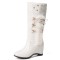 Round Toe Side Zipper Knee Highs Side Decorated Rhinestones Winter Snow Wedges Boots - White