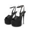 Peep Toe Platforms Stiletto Heels Water Diamond Glitters Ankle Buckle Straps Sandals - Black Leather