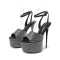 Peep Toe Platforms Stiletto Heels Water Diamond Glitters Ankle Buckle Straps Sandals - Gray Leather