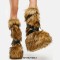 Round Toe Platforms Winter Fluffy Big Foot Yeti Belt Buckle Straps Costumes Knee High Boots - Brown