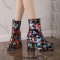 Square Toe Chunky Heels Side Zipper Ankle Highs Flowers Low Platforms Boots - Black