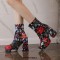 Square Toe Chunky Heels Side Zipper Ankle Highs Flowers Low Platforms Boots - Black