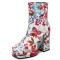 Square Toe Chunky Heels Side Zipper Ankle Highs Flowers Low Platforms Boots - Blue