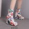 Square Toe Chunky Heels Side Zipper Ankle Highs Flowers Low Platforms Boots - Blue