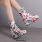 Square Toe Chunky Heels Side Zipper Ankle Highs Flowers Low Platforms Boots - Blue