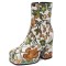Square Toe Chunky Heels Side Zipper Ankle Highs Flowers Low Platforms Boots - Yellow