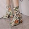 Square Toe Chunky Heels Side Zipper Ankle Highs Flowers Low Platforms Boots - Yellow